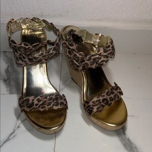 Carlos by Carlos Santana Gold Wedge Sandals with Leopard Braided Straps